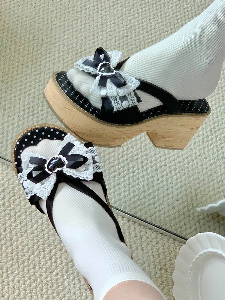 Bow Wa Heart Black White Applique Lolita Comfy Lace Slippers - Trimmed