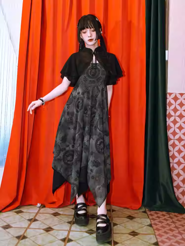 Hem Cheongsam Style Graphic Handkerchief Cami Chiffon Dress Black