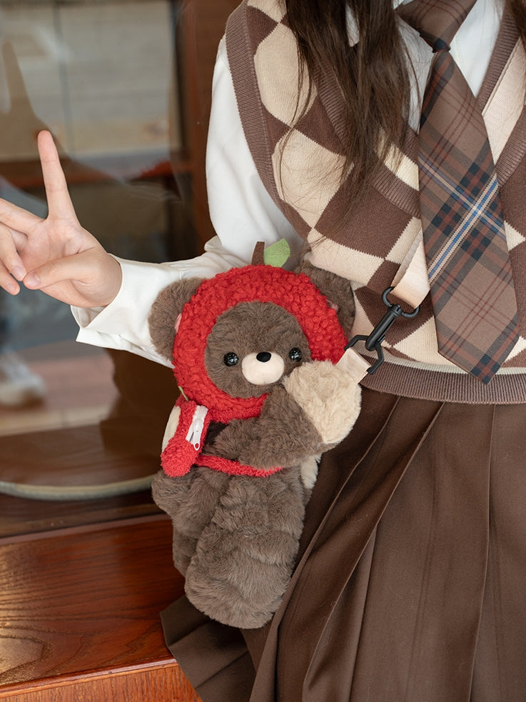 Brown Size Hat Red Bag Apple Bear Plush Backpack Backpack/Crossbody + Middle/Large Keychian
