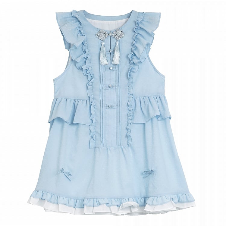 Rococo Back Buttons Style Blue Flutter Sleeves Big Sleeveless Dress Knot Cheongsam Details Tassel Bow
