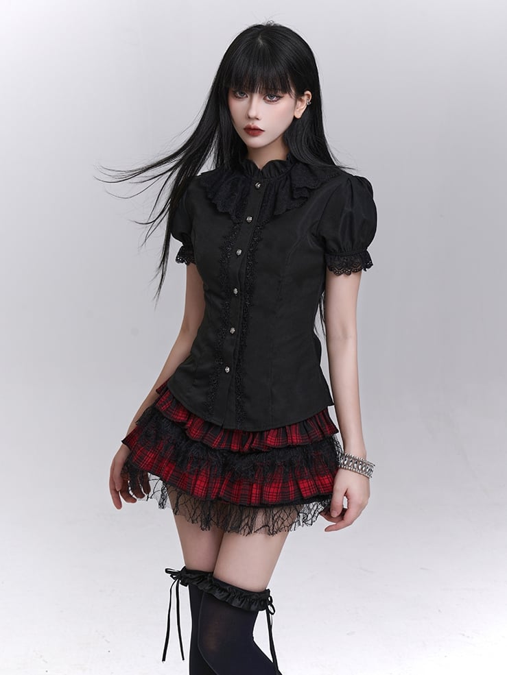 Tie Black Puff Sleeves Vintage Gothic Blouse with Detachable Jabot