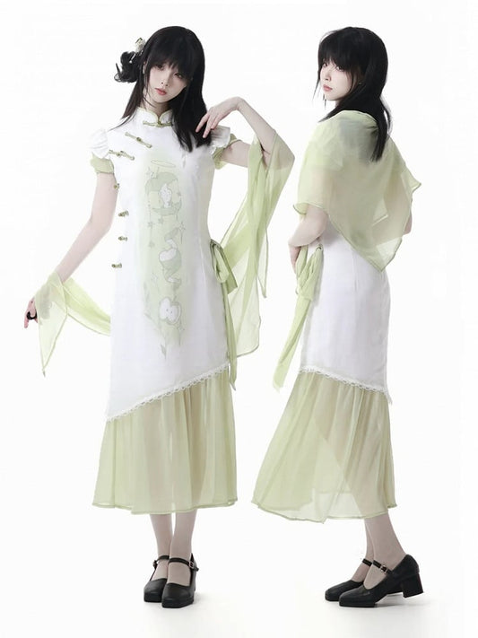 Banded Dress Qipao Collar Apple Print Cheongsam Style Buttons Green Knot