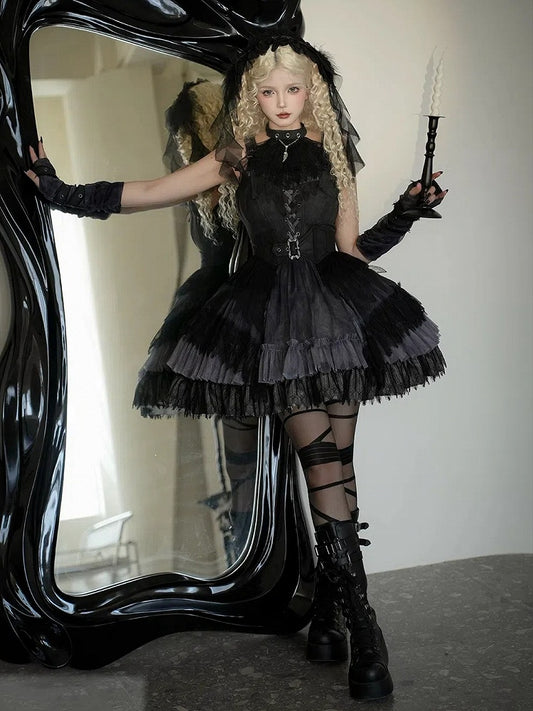 Schnalle Federkleid Panel Riemen Schulter Spitzenrock Gothic Schwarz Lolita