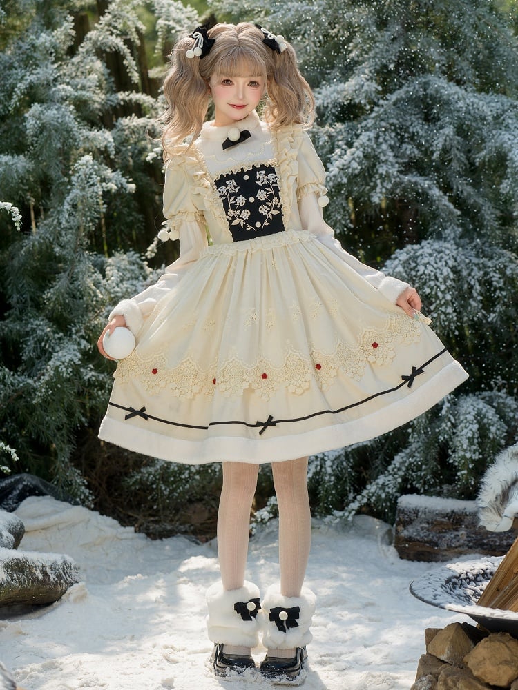 and Neckline Beige Long Sleeves Cuffs Lolita Floral Plush Dress Bodice Embroidery