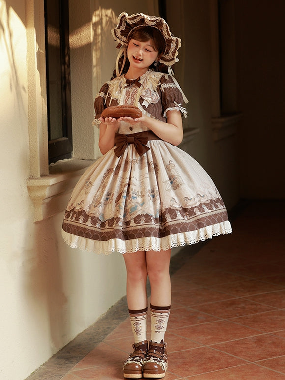 Brown Ruffle Round Neck Kitty and Teddy Print Lolita Dress Sweet Lolita OP