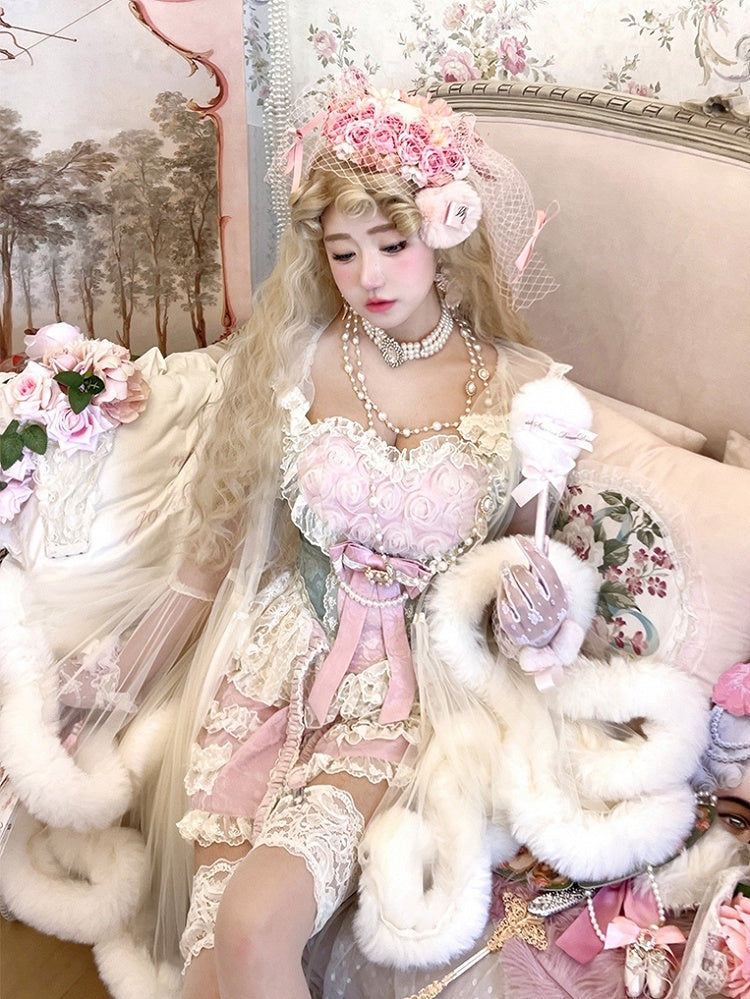 Rococo Sweetheart Skort + Corset Top Green Outfit Pink Neckline Roses