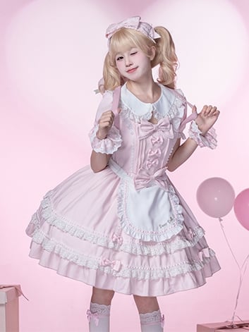 Lolita Dress Piece Accents School Pink Peter Pan Collar Bowknot Light Old One
