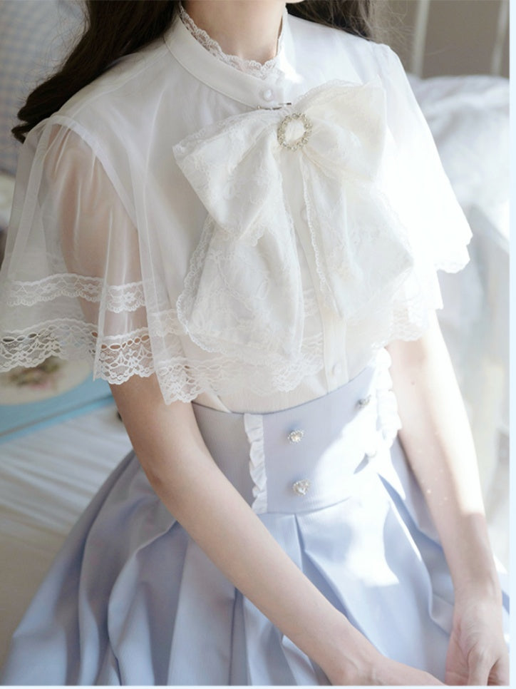Jirai Kei Set Box Pleat Skirt+ Cape Top+ Blue Trim Bow Tie White Lace