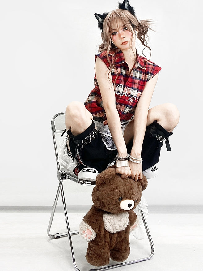 Letter Sleeveless Pattern Red Shirt Plaid Embroidery Y2K