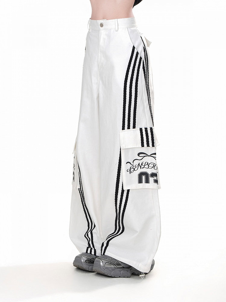 Pants Wide-leg Black Cargo Loose White Pockets