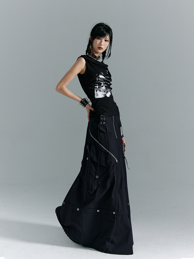 Black A-Line with Buckles Punk Pockets Metal Skirt Zippered