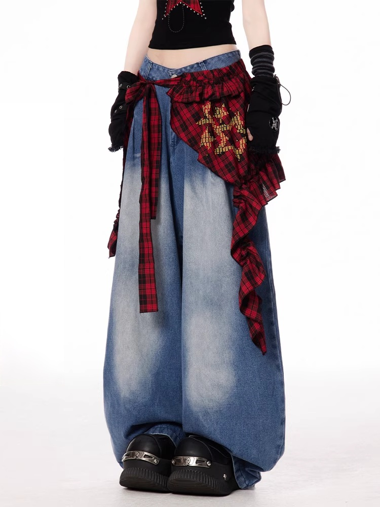 Wide-leg Jeans with Blue Accessory Plaid Faded Wash Vintage Red Rise Waist Low