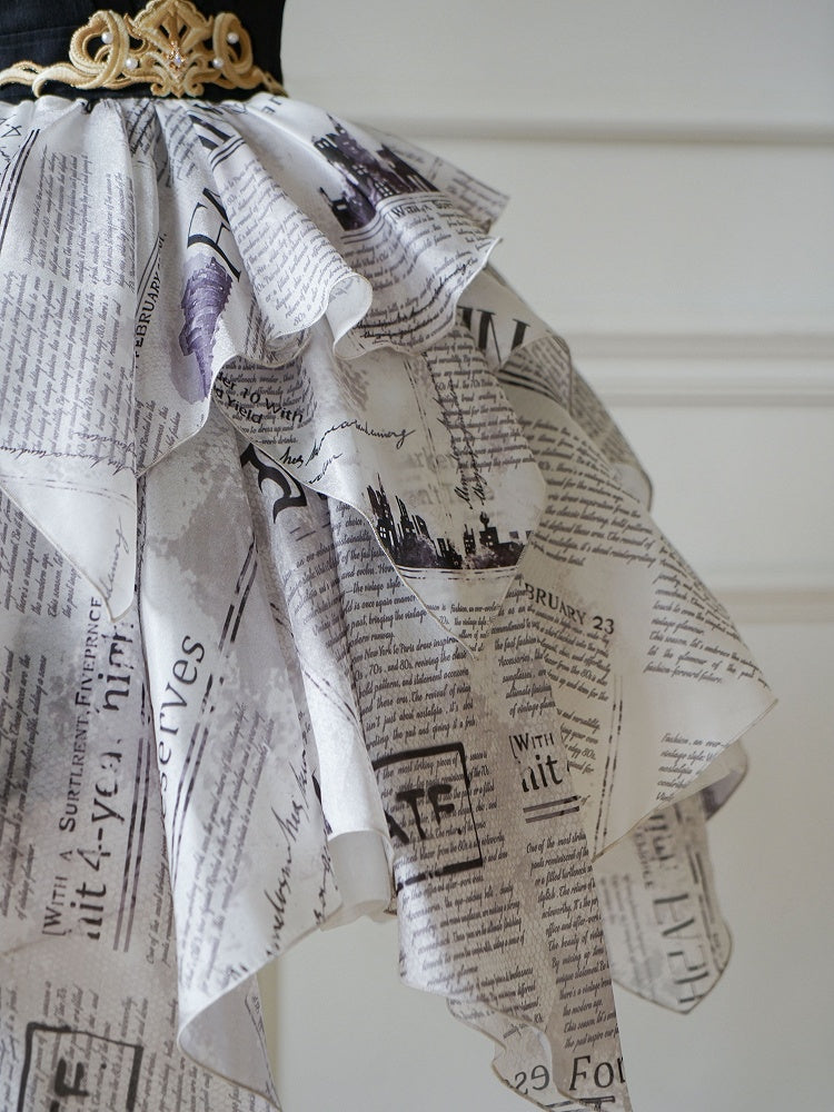 Elegant Skirt Layered Jumper Dress Lolita Print Newspaper Handkerchief