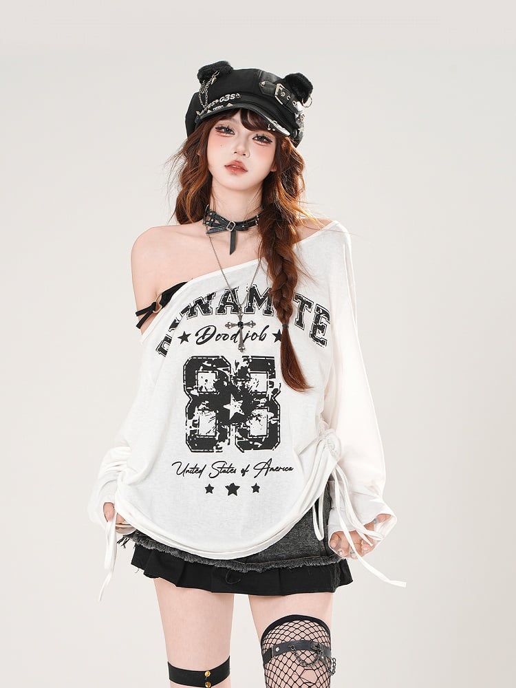 Asymmetrical Neckline Number and Letter Print Drawstring Side