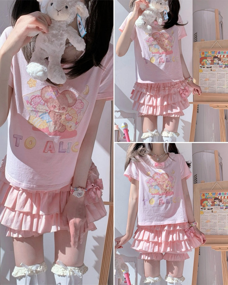 Short Version Adorable Mouse Print White/Pink Lace Trim T-Shirt