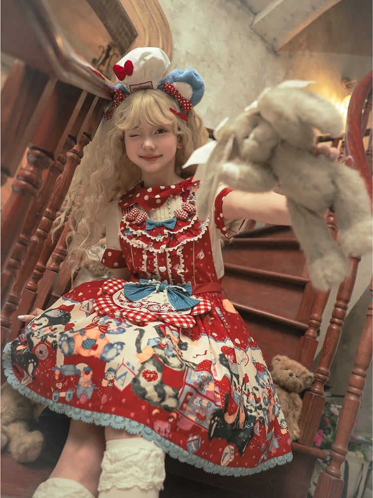 Puppy's Toy House – Rotes süßes Lolita-Overallkleid/komplettes Set