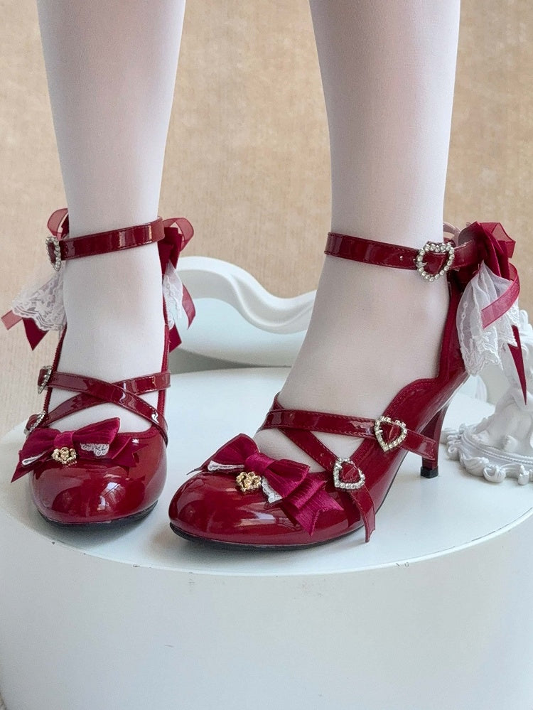 Lolita Leather in Opulent Wine Red PU with Heels Bowknot Details