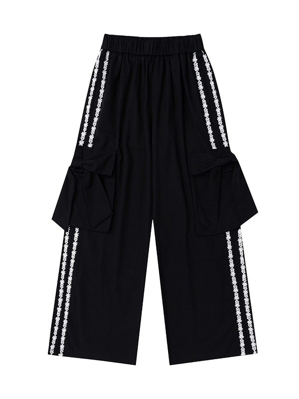 Pants Floral Bow Details Straight-leg With Apricot/Black Stripes And