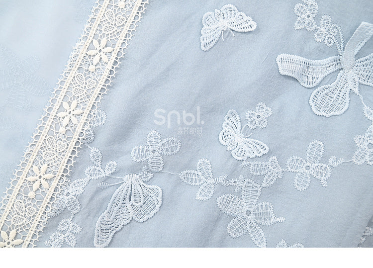 Sleeves Top Hem Butterfly Floral Embroidery Blue Tassels Design Long
