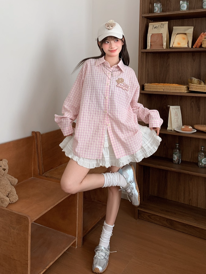 Pink Loose Plaid Shirt Adorable Bear Embroidery