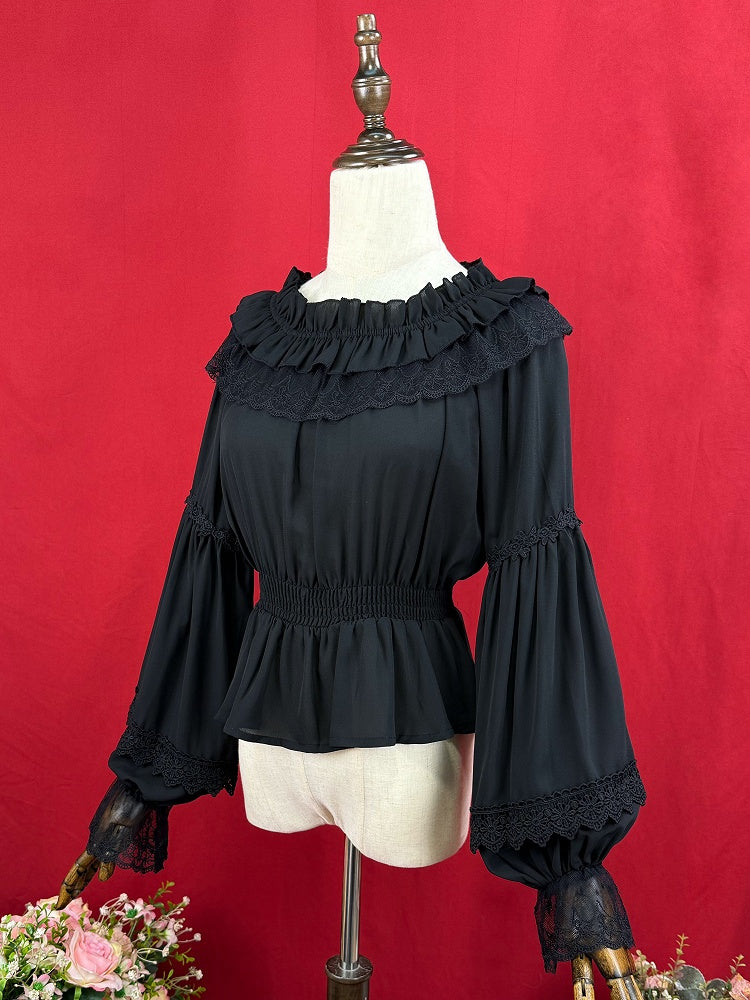 Black Elastic Neckline Chiffon Blouse Smocked Elastic Waist