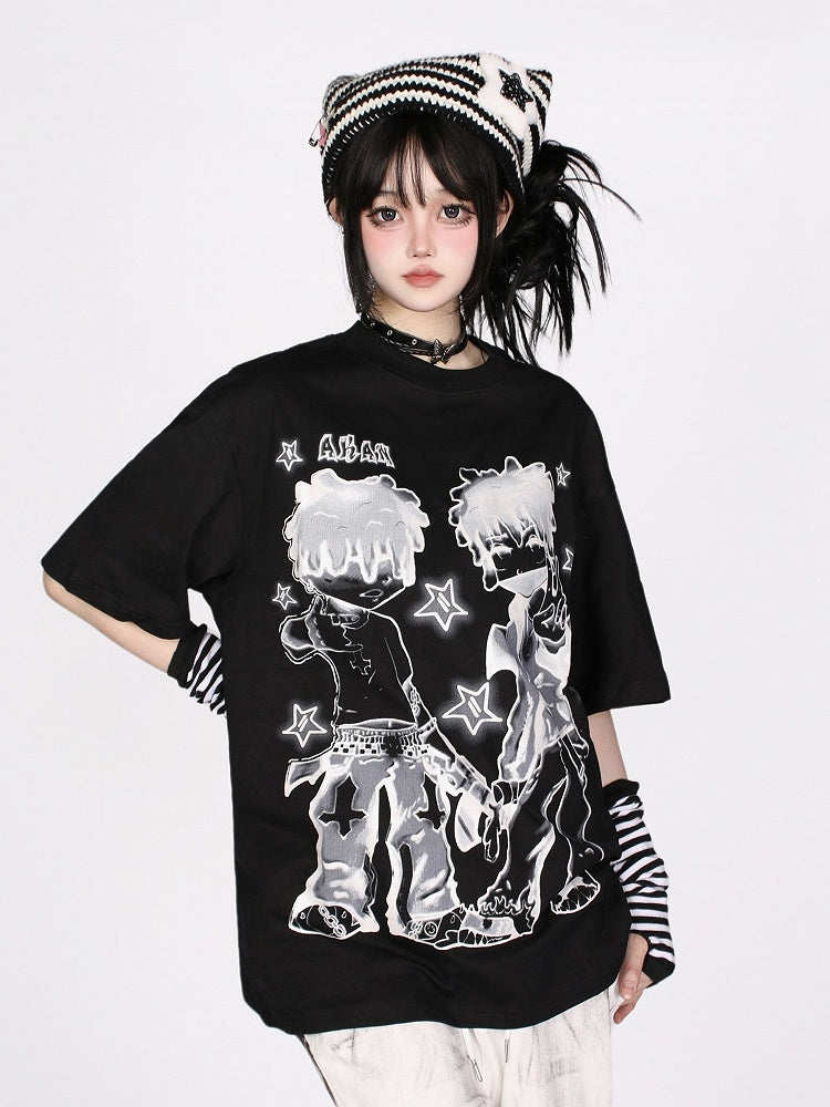 Loose-Fit Anime Character Graphic Tee - Flattering and Stylish White/Black/Pink