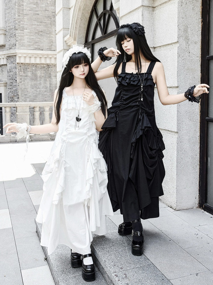 + Drawstring Design Necklace White Goth Ruffles Loose Scarf Dress Cascading