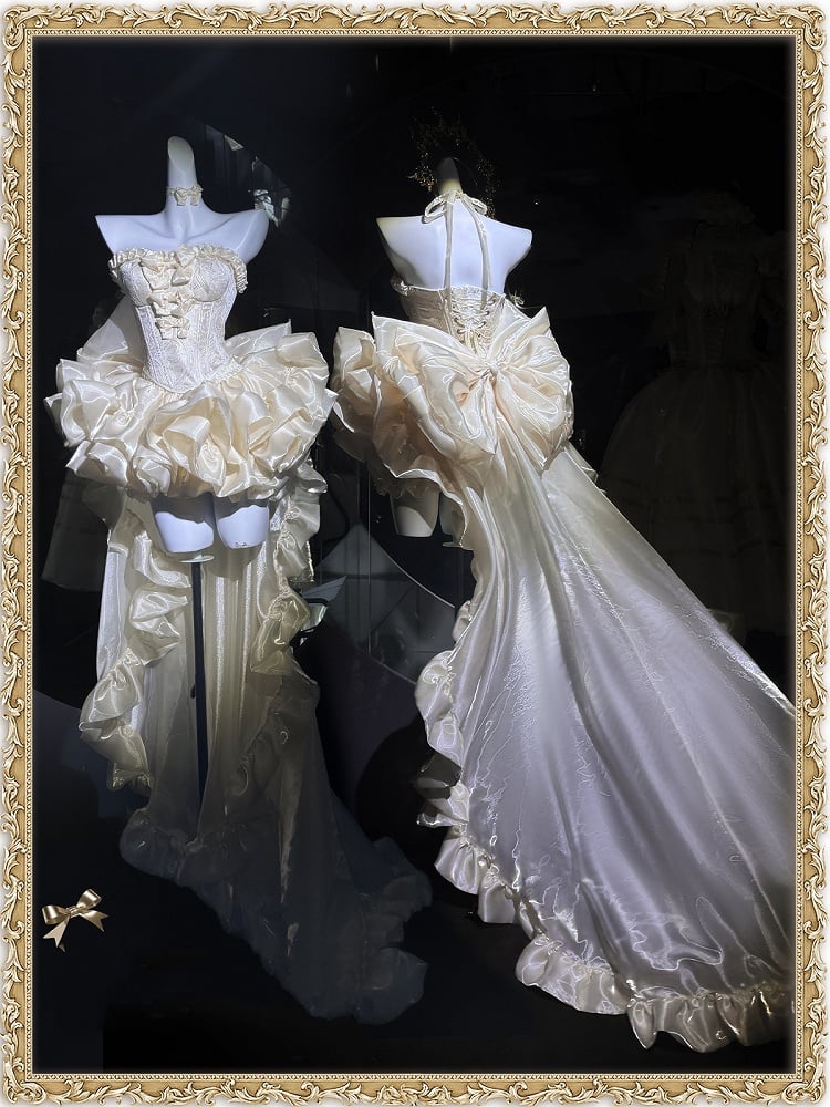 Set Balletcore + Full Top Train Big Bow Sleeves Skirt Corset Gold Lace-up