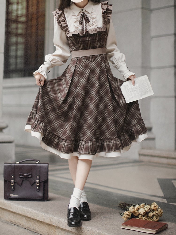 Two-pieces Fake Pattern Plaid Belt with Dress Brown