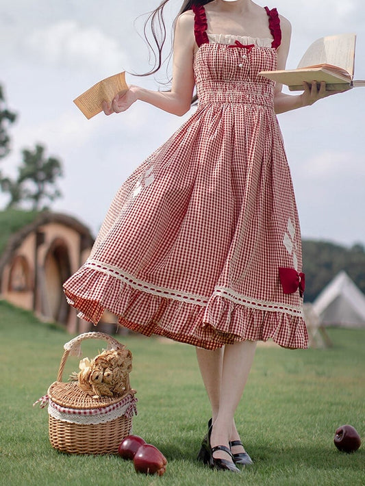 Waist Cottagecore Sweet with Details Plaid Dress Red in High Bowknot
