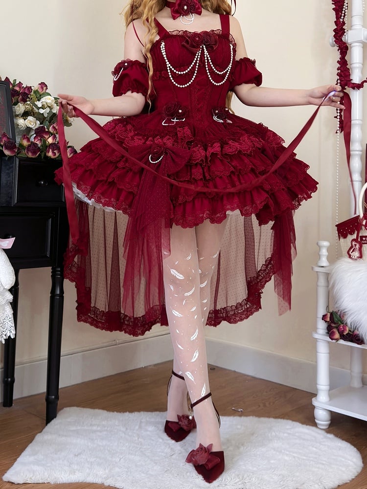 ウエストフラワーバスク裾フェアリースカートドレスジャンパーティアードレッドロリータ花嫁