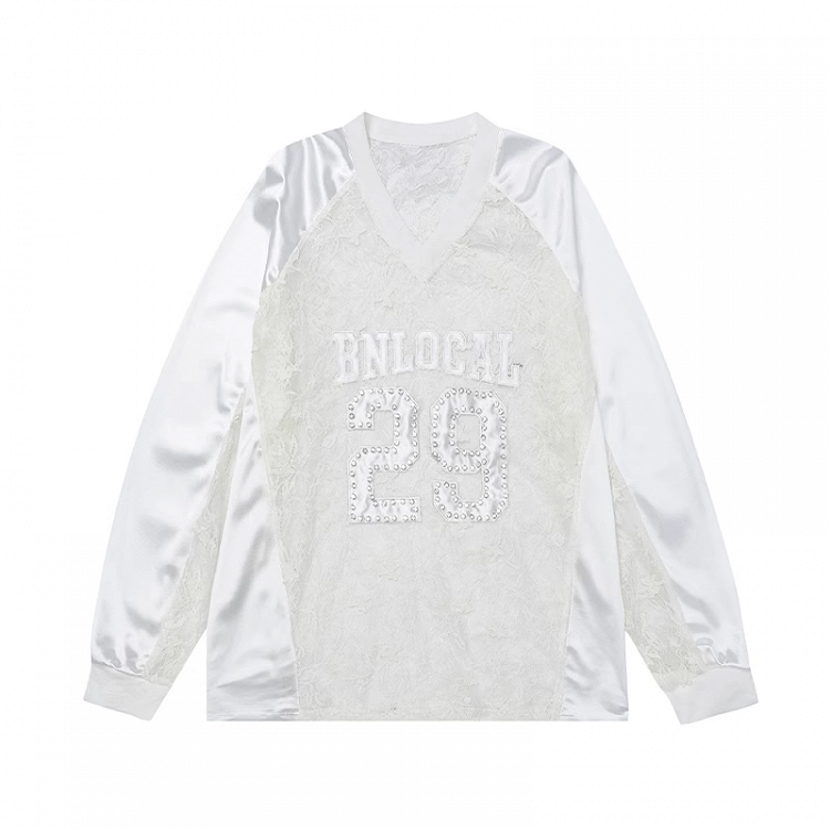 Sweatshirt White V-neck Contrast Lace Patches Number Applique Summer