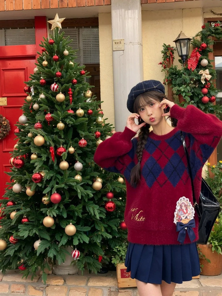 Schneewittchen-Prinzessin, roter Mohair-Pullover mit Rautenmuster