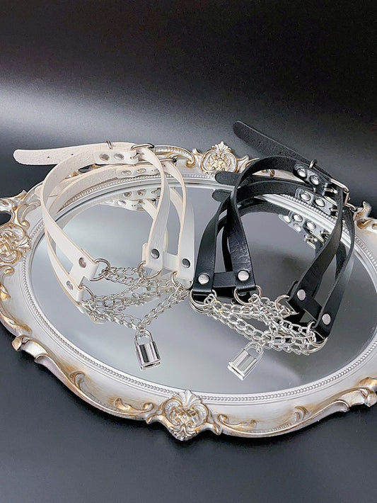 Black/White Lock Detail Y2K Pendant PU Choker Lace-up