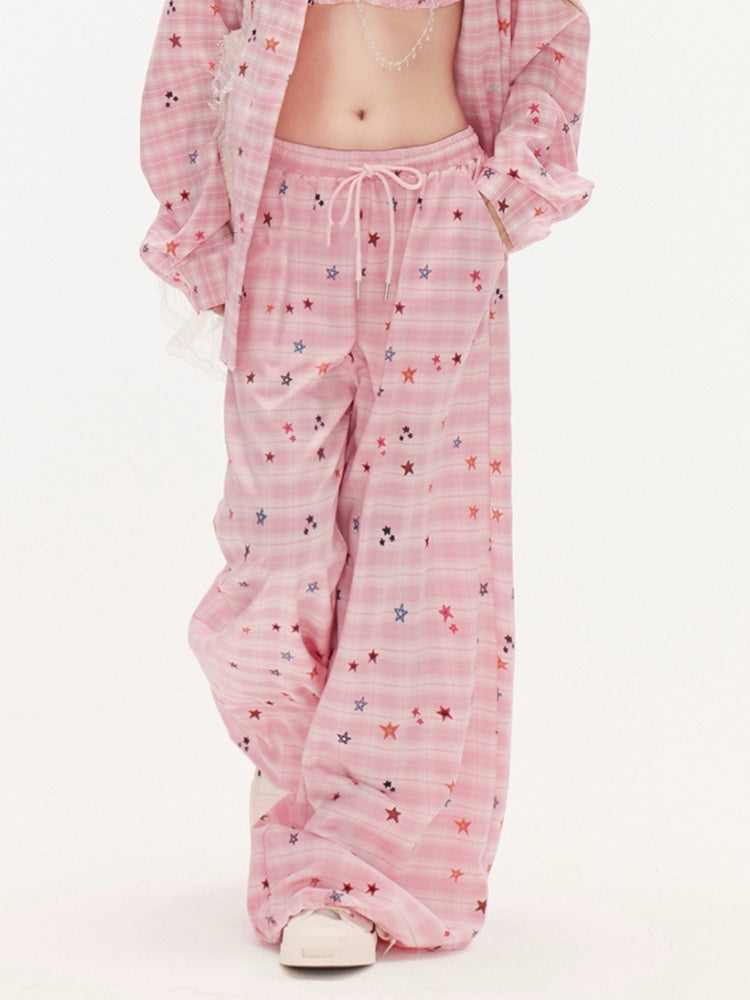 Pink Star Pattern Drawstring Waist Wide-Leg Plaid Pants