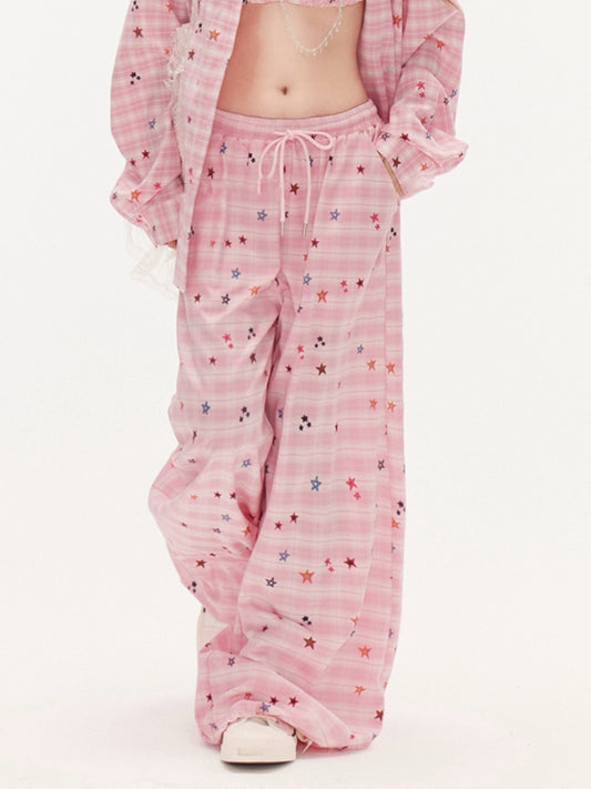 Pink Star Pattern Drawstring Waist Wide-Leg Plaid Pants