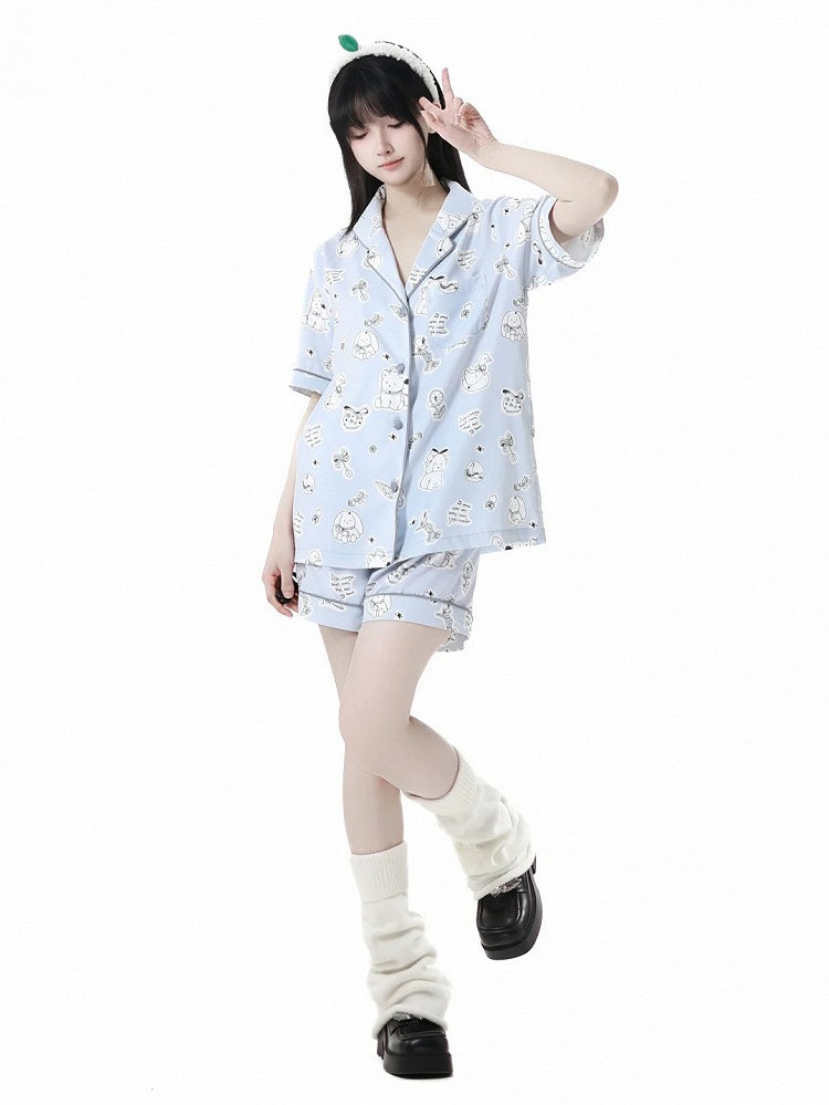 Puppy Print Pajamas Set Blue/Creamy Allover Cute Yellow Light