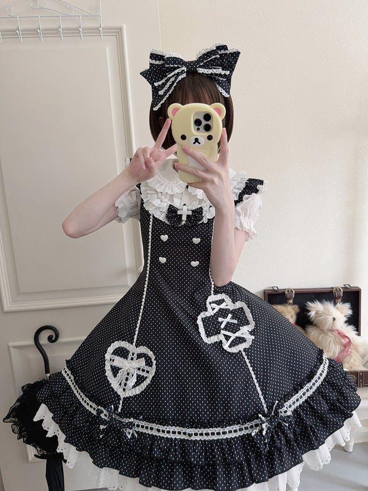 Polka-dot Ruffle Hemline Lolita Nurse Pattern Dress Layered Black