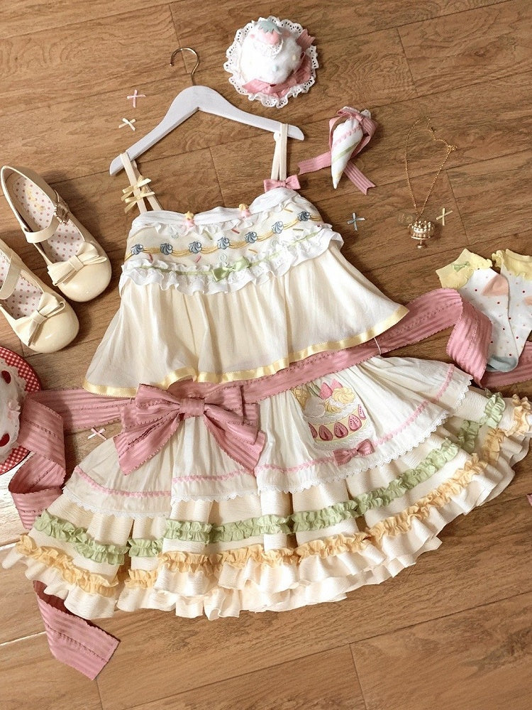 Jumper Cake Strawberry Skirt Pastel Color Summer Cream Embroidery Sweet Lolita