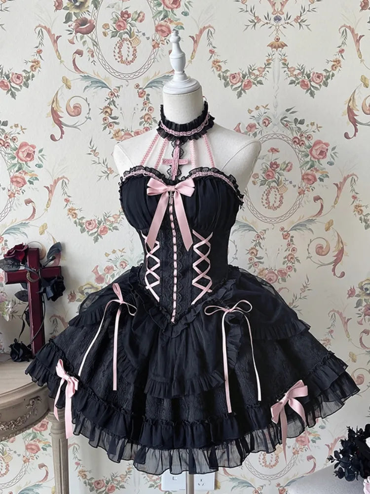 Cross Belle Black and Pink Halter Neck Corset Dress Balletcore Lolita JSK