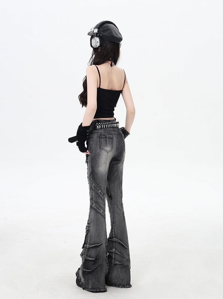Black Rise Raw Hem Faded Wash Flared Cargo Jeans Y2K Low