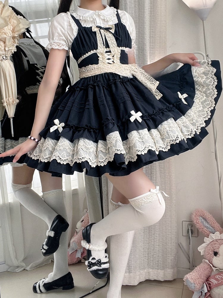 Summer Pleated Jumper Trim Ruffle Lolita and Black Skirt