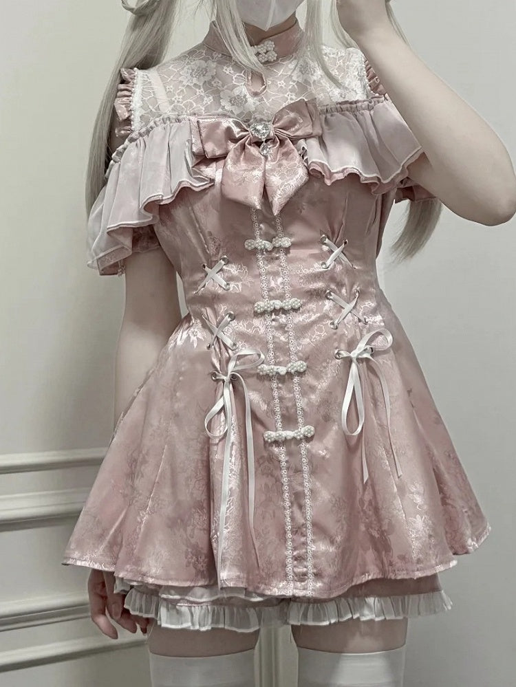 Set- Shorts Bow Tie Neckline + + Bell Sleeves Illusion Cheongsam Mini Dress Dusty Jirai Style Pink Kei