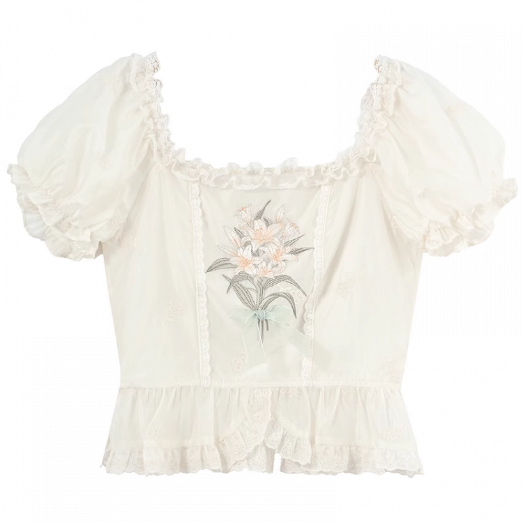 Beige quadratische Rüschenbluse mit Ausschnitt, Puffärmeln, Lilienstickerei und Spitze