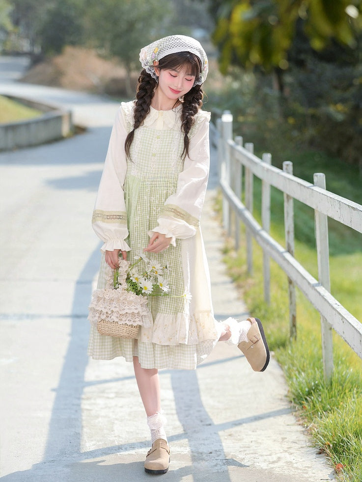 Light Sleeves Tiered Mori Kei Green Plaid Flutter Skirt Sleeveless Dress
