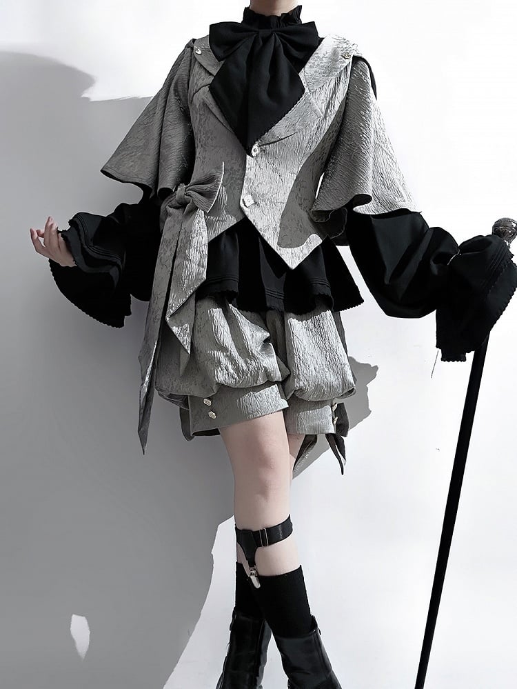 Schwarzes Lolita-Hemd mit Rüschen und Ausschnitt und Ouji-Ärmeln