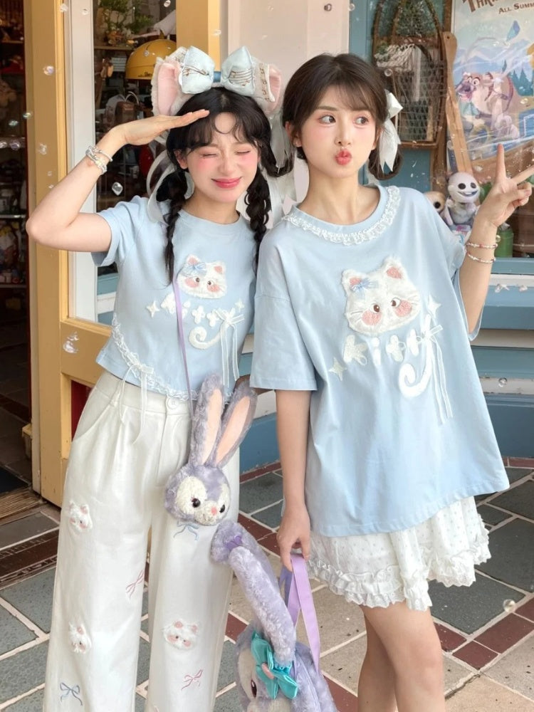 Long/Short Round Neck Plush Version Blue T-Shirt Cat Applique