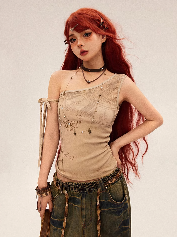Apricot Graffiti Print Vintage Wasteland Punk Asymmetrical Neckline Top