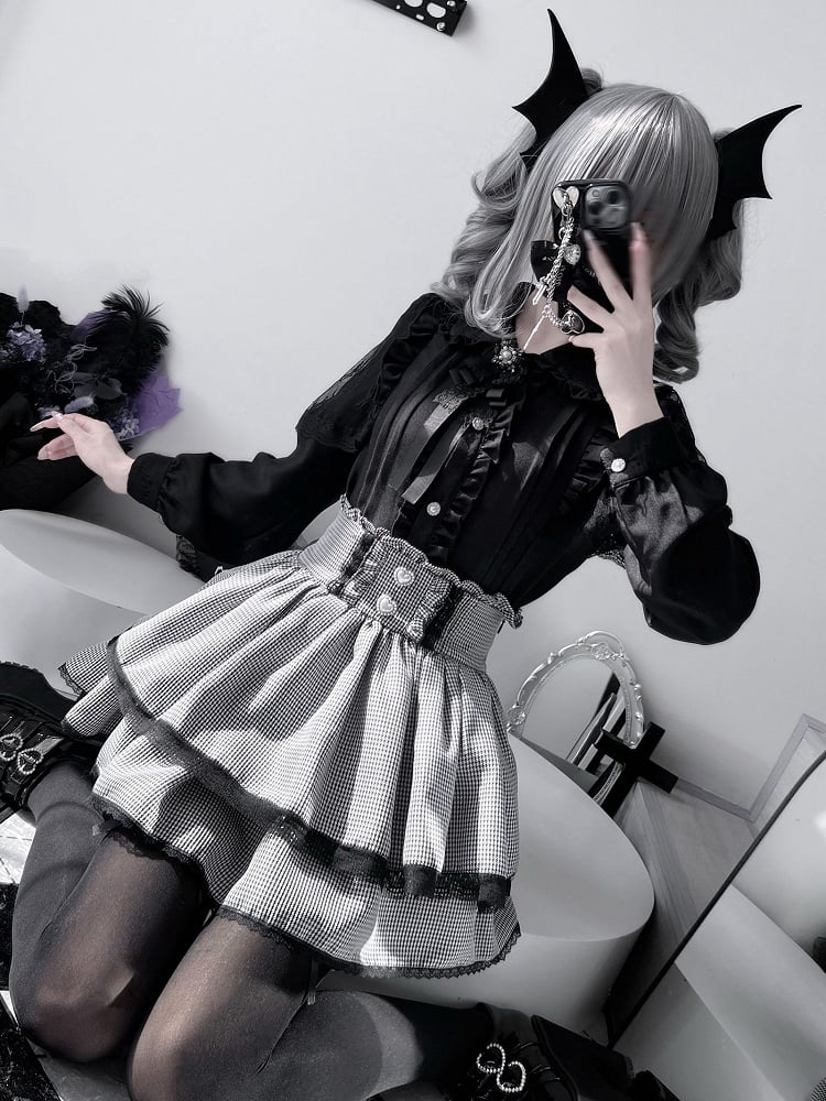 Tiered Details Black Plaid Kei + Jirai Pleating Skirt Outfit- BlackWhite Shirt