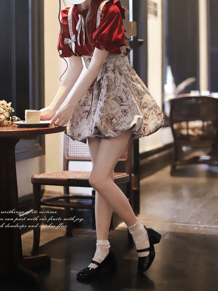 Wine Red Jacquard Overall Dress with Bubble Skirt Lace-up Waist